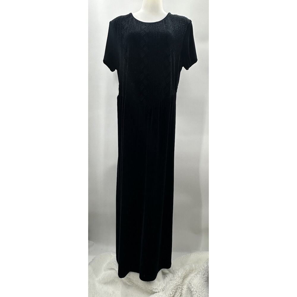 Coldwater Creek Black Velvet Maxi Lounge Dress Sz 16 S/S Stitched Bodice Design